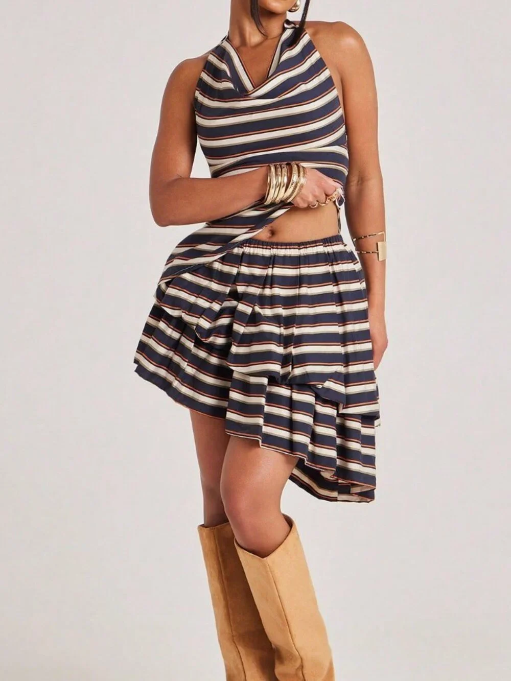 Multicolor Casual Women's Cowl Neckline Halter Slim Fit Striped Mini Skirt Set